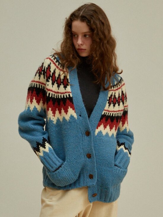 GREENBUTTER V-Neck Nordic Alpaca Cardigan (Indigo Blue) - Picture 1 of 9